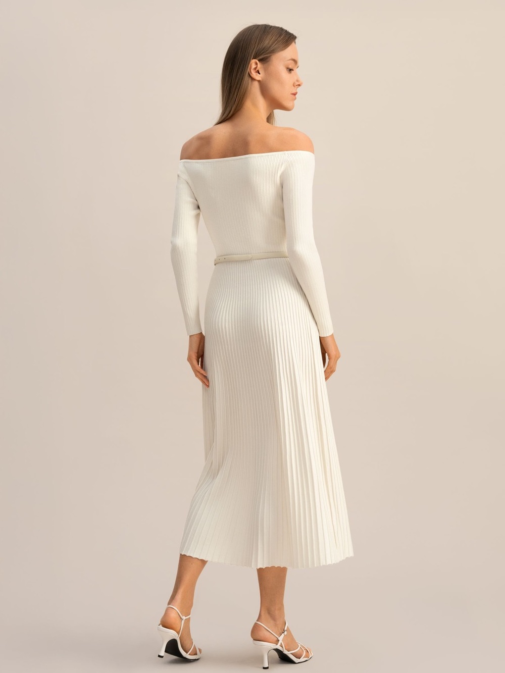 Off-Shoulder White Pleated Midi Dress Bridal - Picture 2 of 7